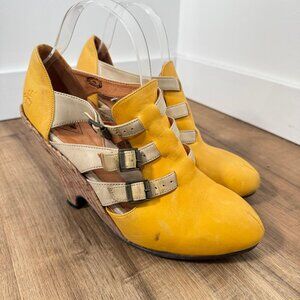 John Fluevog Pindown Farrah Wedge Heel Shoes Yellow Cream Buckle Statement 9